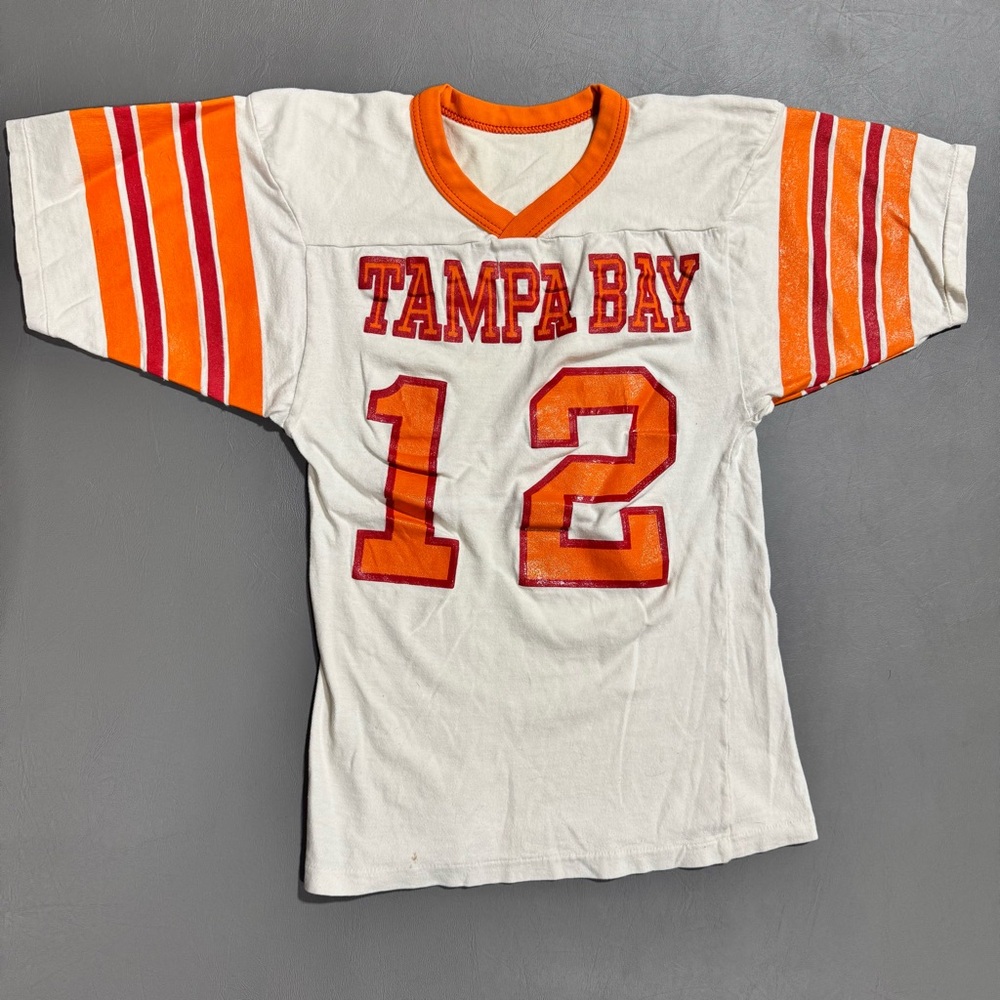 Vintage 80s Tampa Bay Buccaneers Youth Size 8 #12 Jersey Tee Single Stitch 14x22